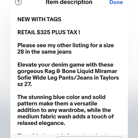 RAG & BONE NWT $325 blue jeans Liquid Miramar Sofie Wide Leg in Taylors size 27 - Picture 9 of 10